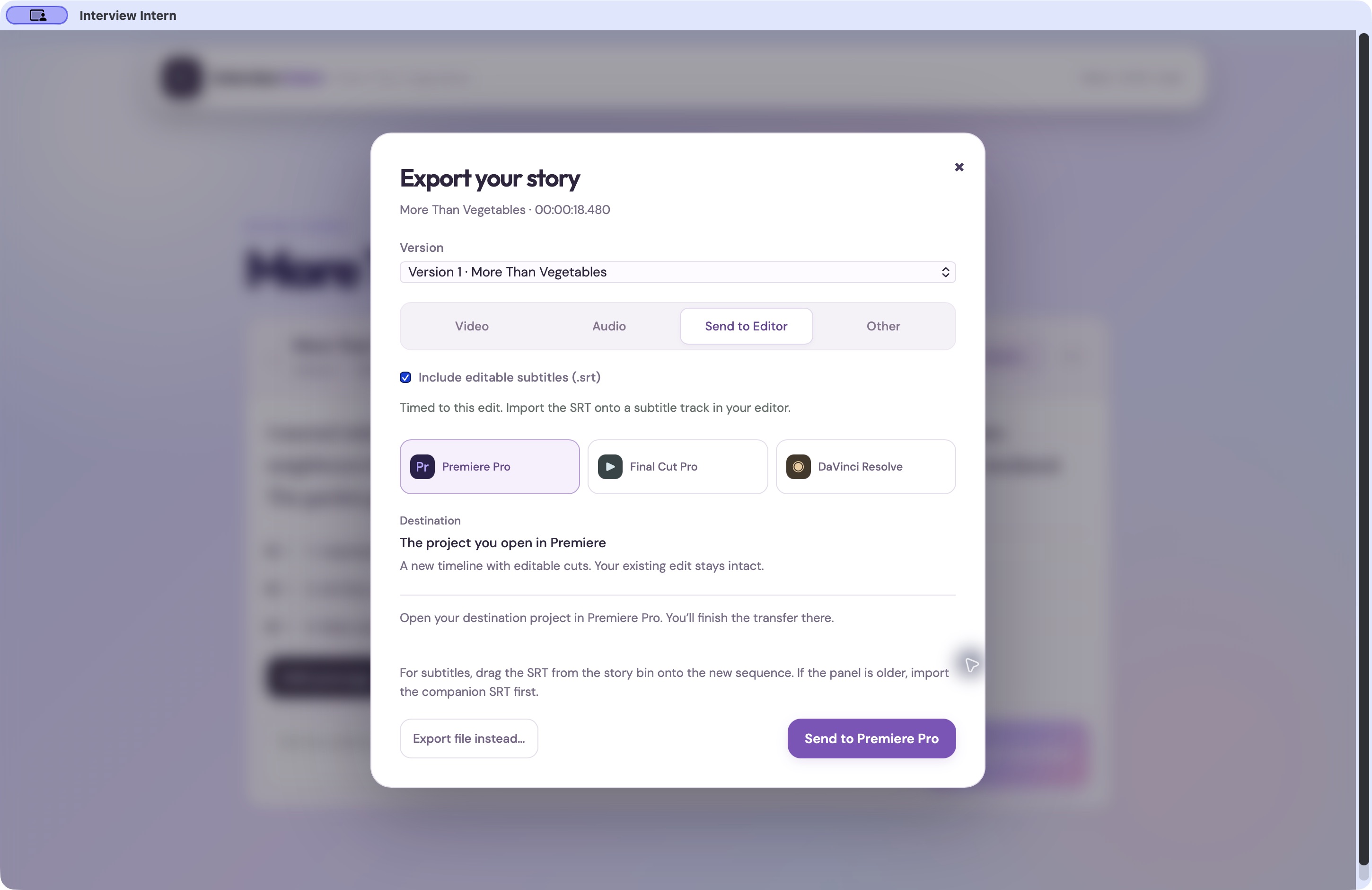 Interview Intern export options: Video, Audio and Send to Editor.