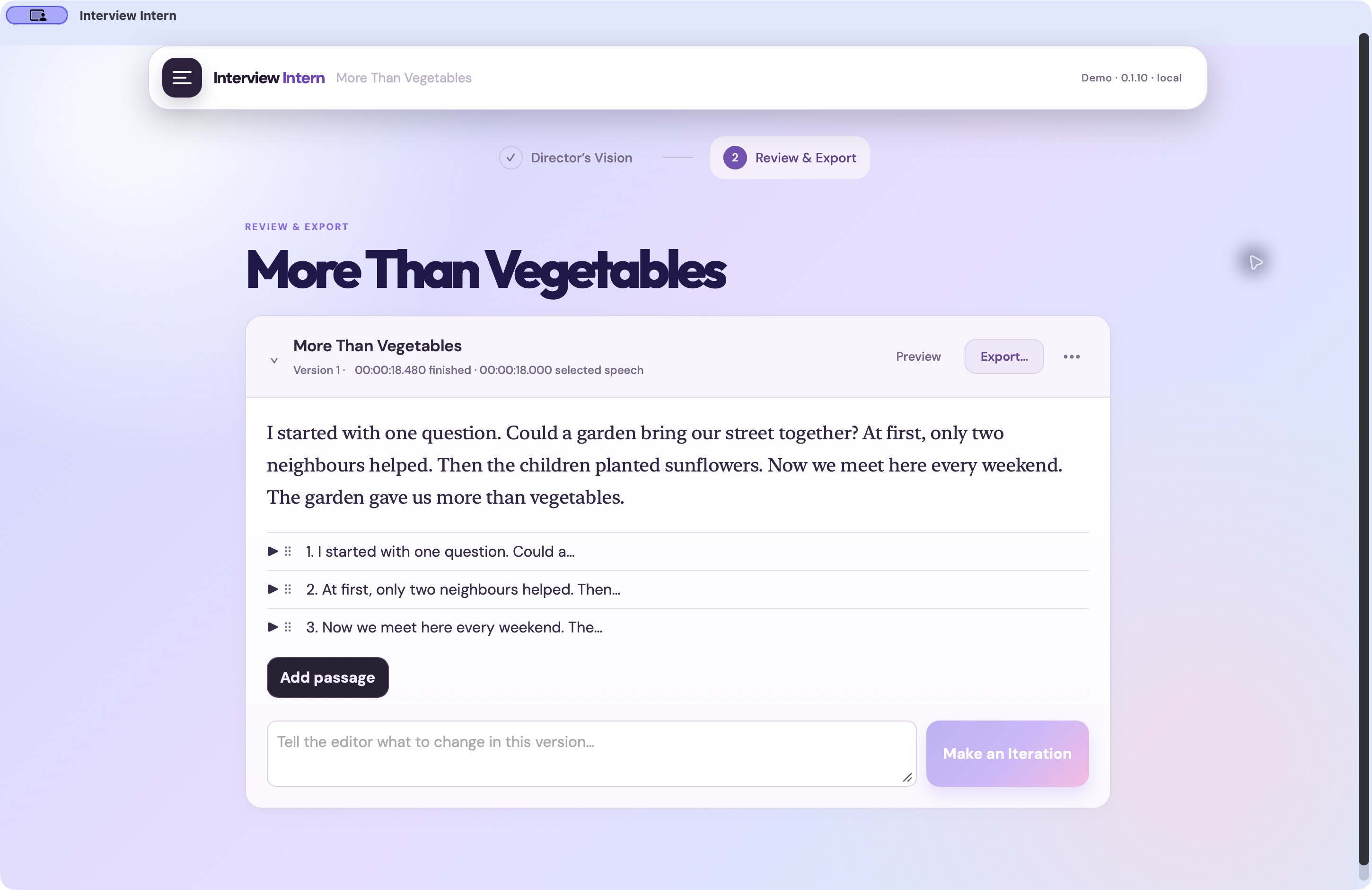 A sample story in Interview Intern made from three editable passages, with Preview, Export and iteration controls.